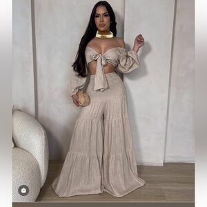 Tie-Front Crop Top & Tiered Wide-Leg Pants Set — Tan